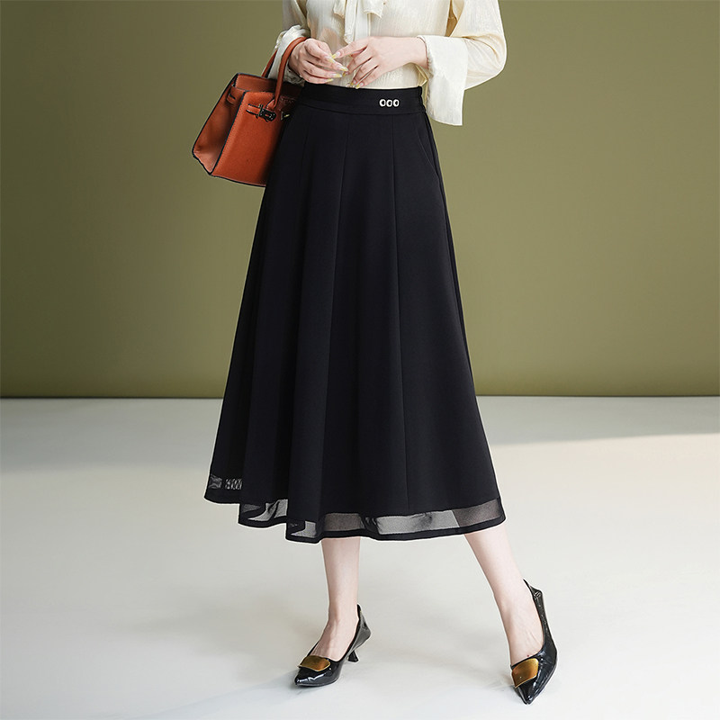 黑色网纱边半身裙女2026春季高腰大摆显瘦中长款遮肚子a字百褶裙