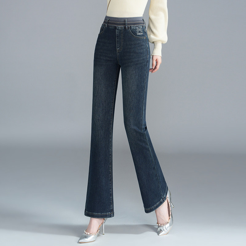 牛仔裤女春秋新款松紧高腰微喇裤修身微喇叭裤子时尚休闲百搭长裤