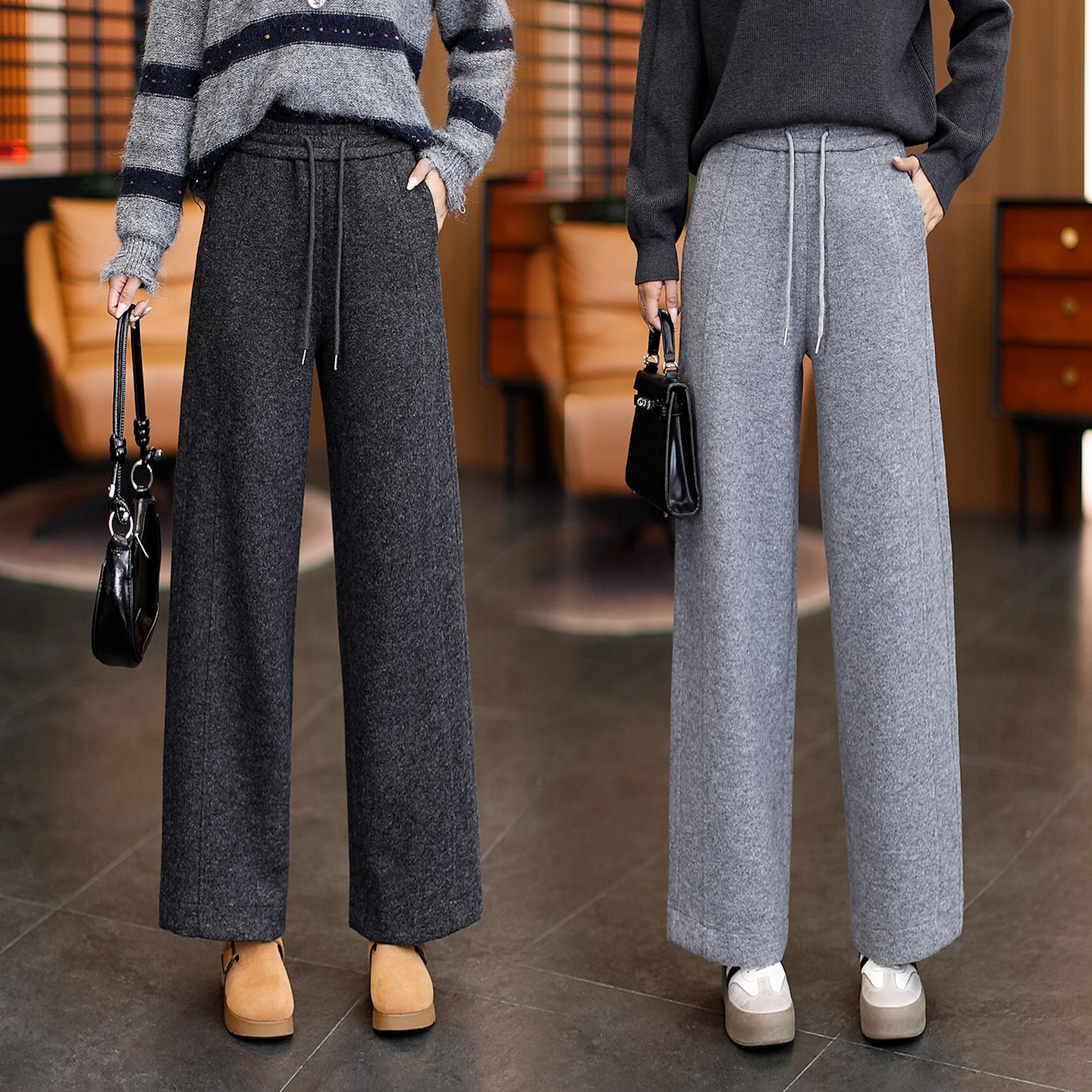 加厚羊绒直筒休闲裤女2025冬季新款高腰垂感小个子九分窄版阔腿裤