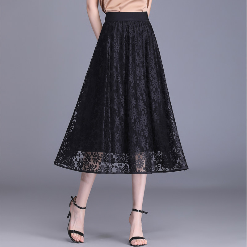 蕾丝网纱裙黑色薄款半身裙女春夏新款花色显瘦a字裙大摆中长裙子