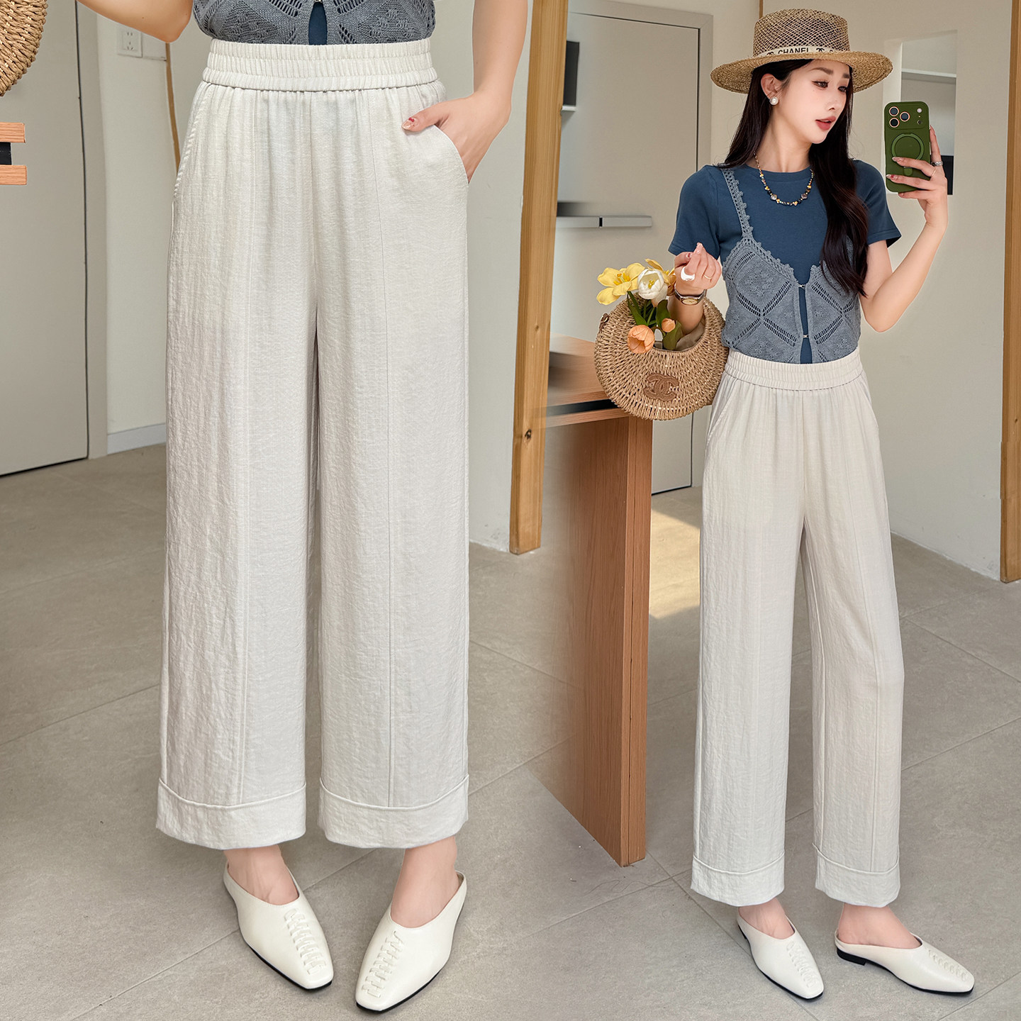 老钱空气感百搭亚麻休闲九分裤女2026夏季宽松直筒慵懒风阔腿裤子