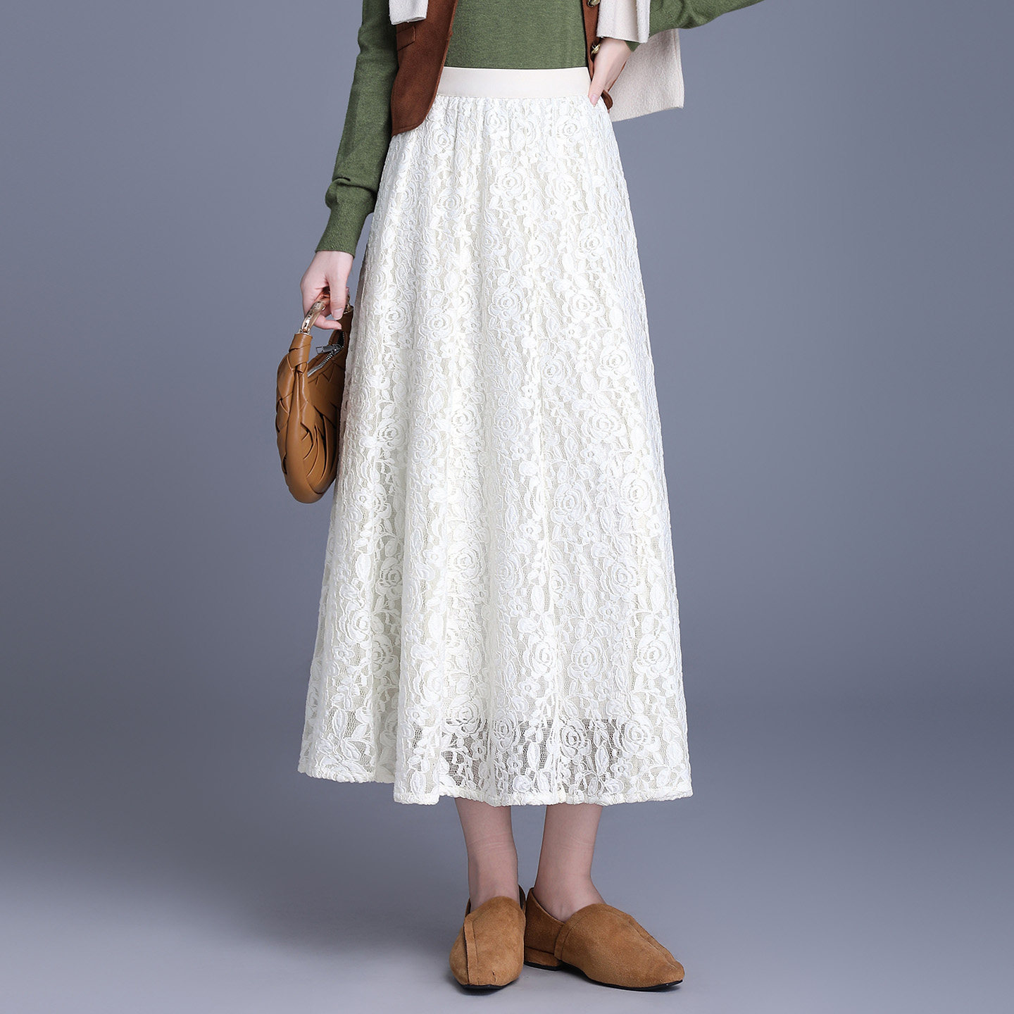 白色蕾丝半身裙女秋冬季2025年新款高腰a字显瘦时尚大摆伞裙长裙