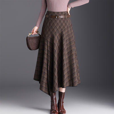 不规则斜边格子裙长裙鱼尾裙女秋冬季新高腰显瘦毛呢半身裙a字裙