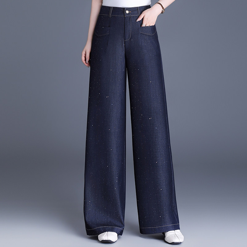 细闪亮片牛仔阔腿裤女春秋垂坠感长裤2026新款高腰显瘦宽松直筒裤