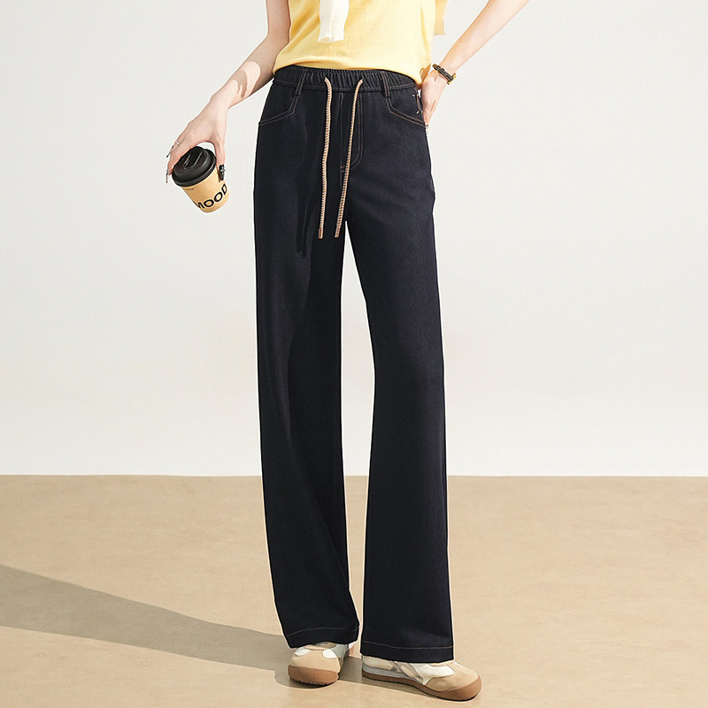 抽绳松紧腰牛仔裤女纯色美式休闲高腰显瘦窄版直筒裤子长裤阔腿裤
