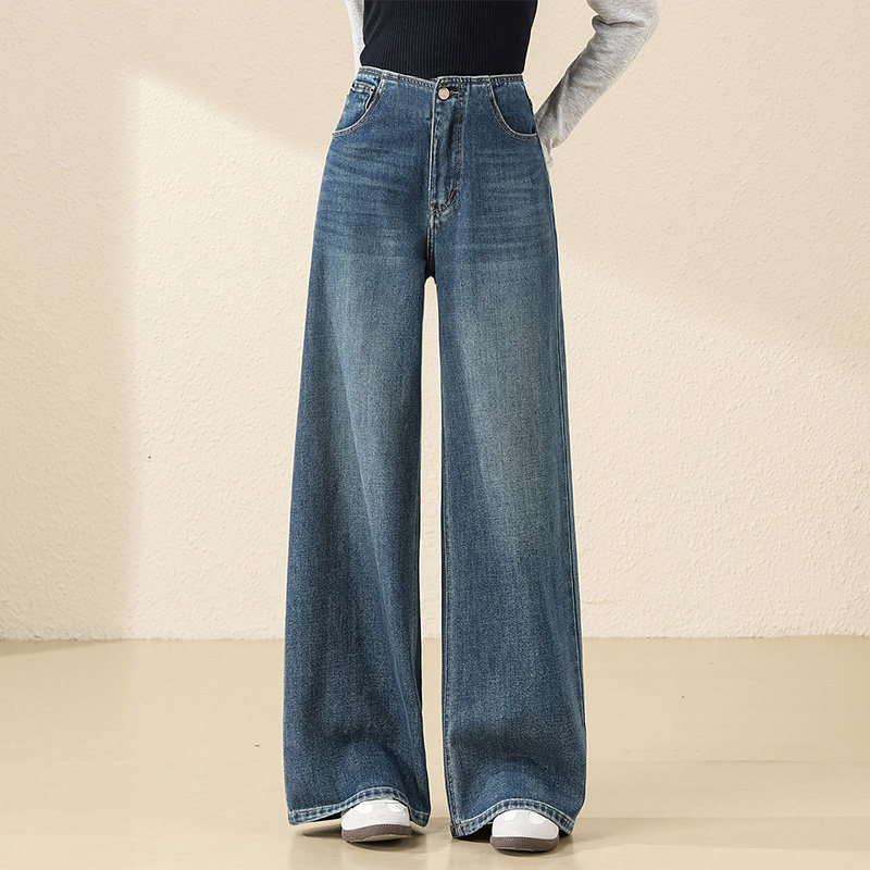设计感高腰直筒阔腿牛仔裤女2025秋季新款显瘦垂感宽松慵懒风裤子