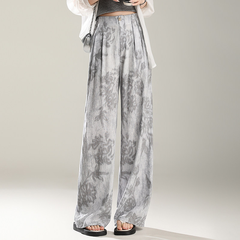 直筒水墨印花洋气亚麻裤子女高腰垂感2025夏天薄款休闲拖地阔腿裤
