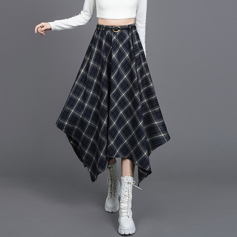 黑色格子不规则半身裙女秋季辣妹高腰设计感小个子中长款a字裙子