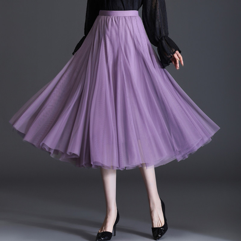 百褶纱裙中长款春秋白色半身裙子女春夏2025年新款网纱大摆长裙子