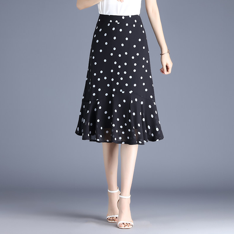 雪纺波点鱼尾半身裙女夏季2025新款高腰包臀裙中长款显瘦A字中裙