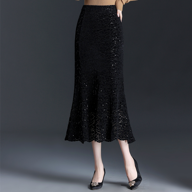 黑色鱼尾裙半身裙小个子显瘦气质裙子中长款秋季蕾丝亮片包臀裙女