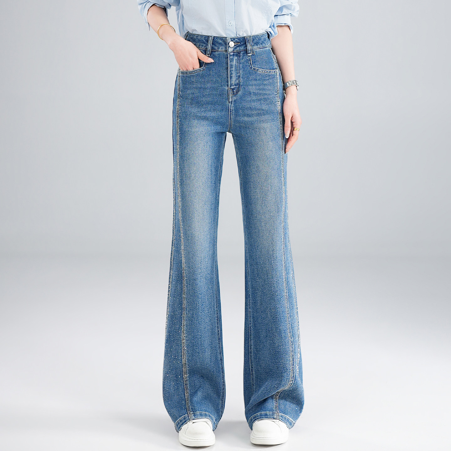 烫钻微喇牛仔裤女春秋2026新款高腰显瘦垂感小个子窄版直筒阔腿裤