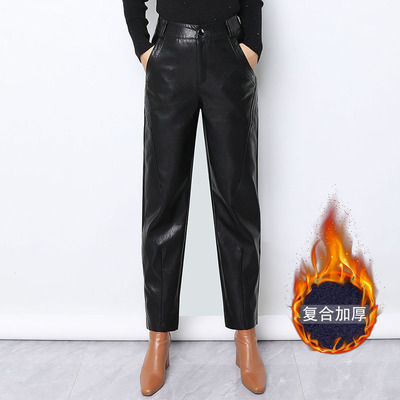 皮裤哈伦裤女2025秋冬新高腰外穿加绒宽松九分小脚裤显瘦pu萝卜裤