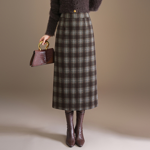 毛呢格子冬裙半身裙女秋冬季2025年新款高腰显瘦中长款包臀直筒裙