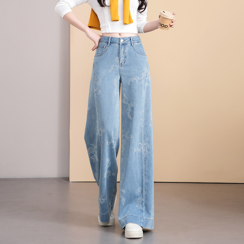 浅色牛仔提花阔腿裤女2026春季新款高腰显瘦垂感宽松直筒裤子长裤