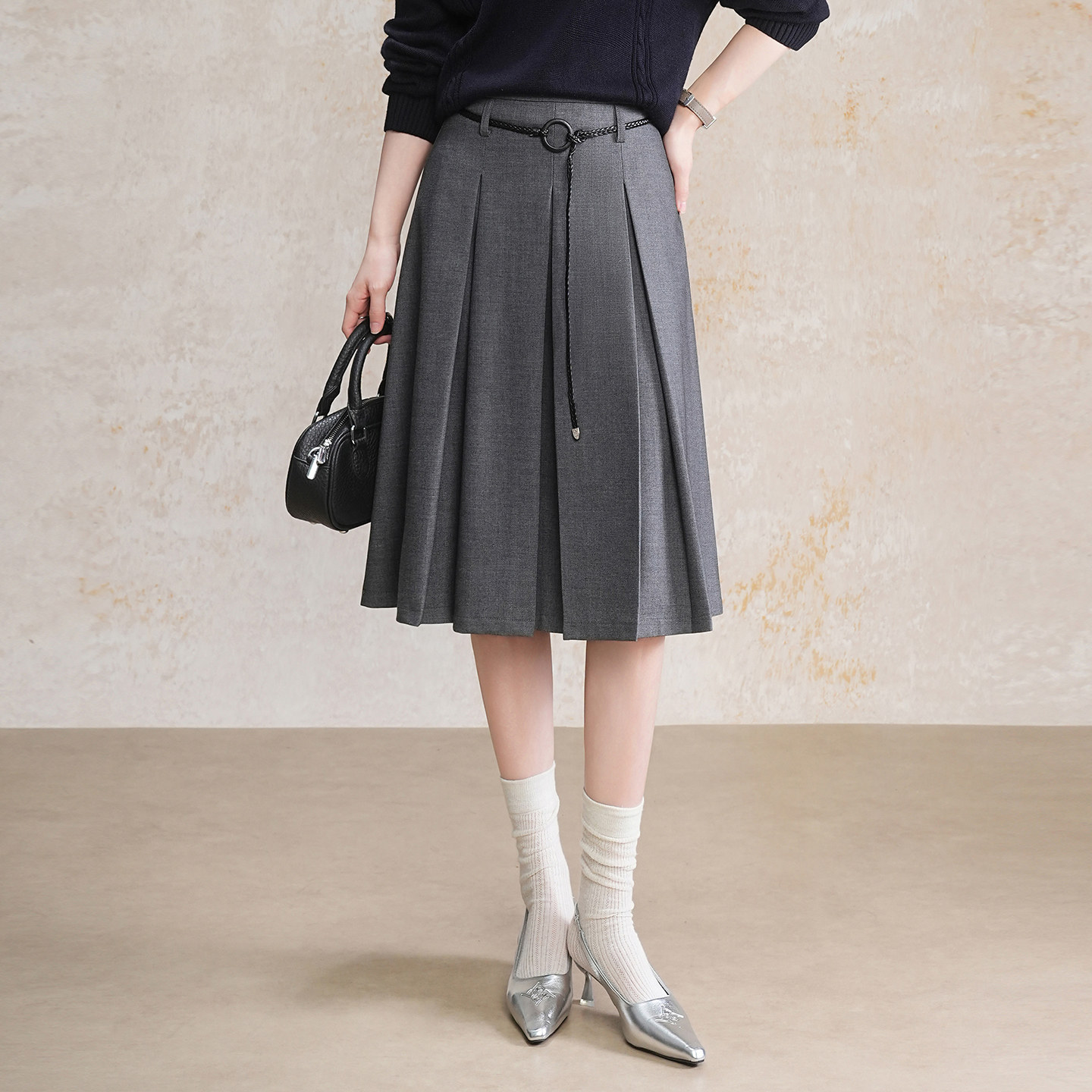 灰色莱赛尔羊毛百褶西装中裙半身裙女2026春季新款通勤显瘦a字裙