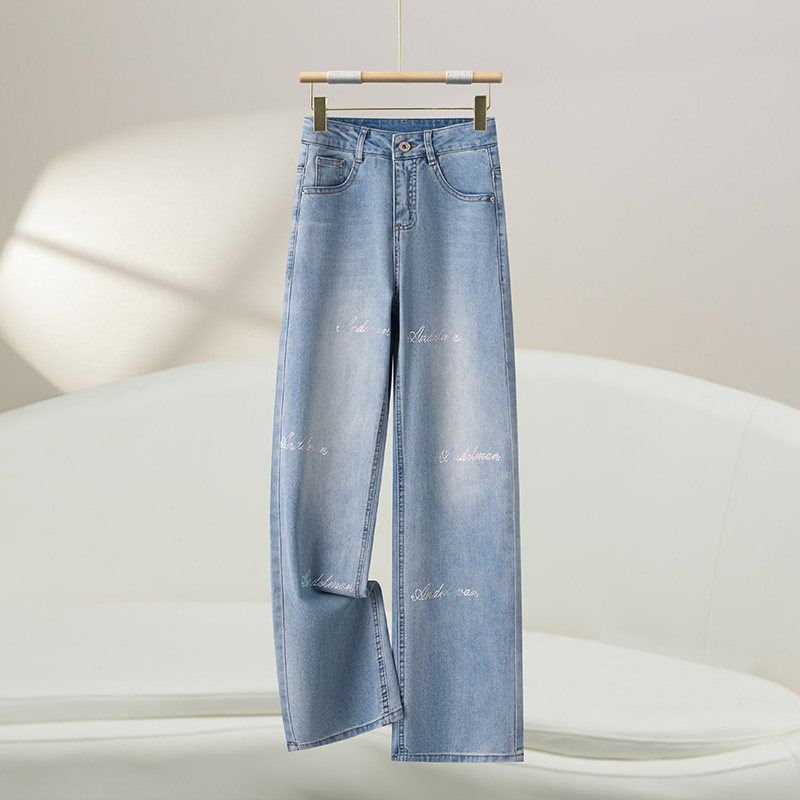 直筒牛仔裤女2025年春季亮钻高腰浅色裤子宽松显瘦烫钻窄版阔腿裤