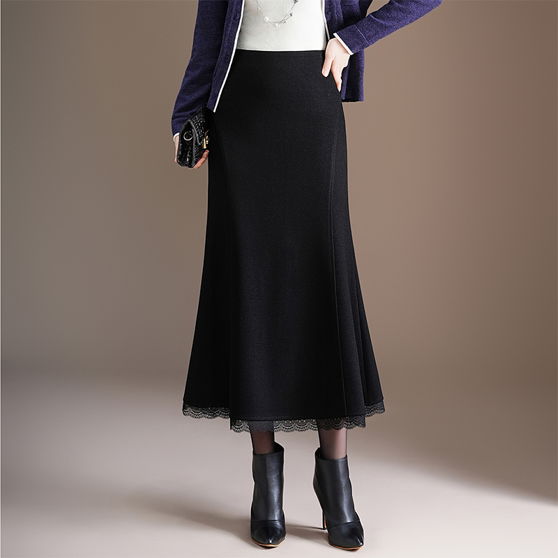 黑色蕾丝边羊绒鱼尾裙2025秋冬新款显瘦时尚长裙包臀裙加厚半身裙
