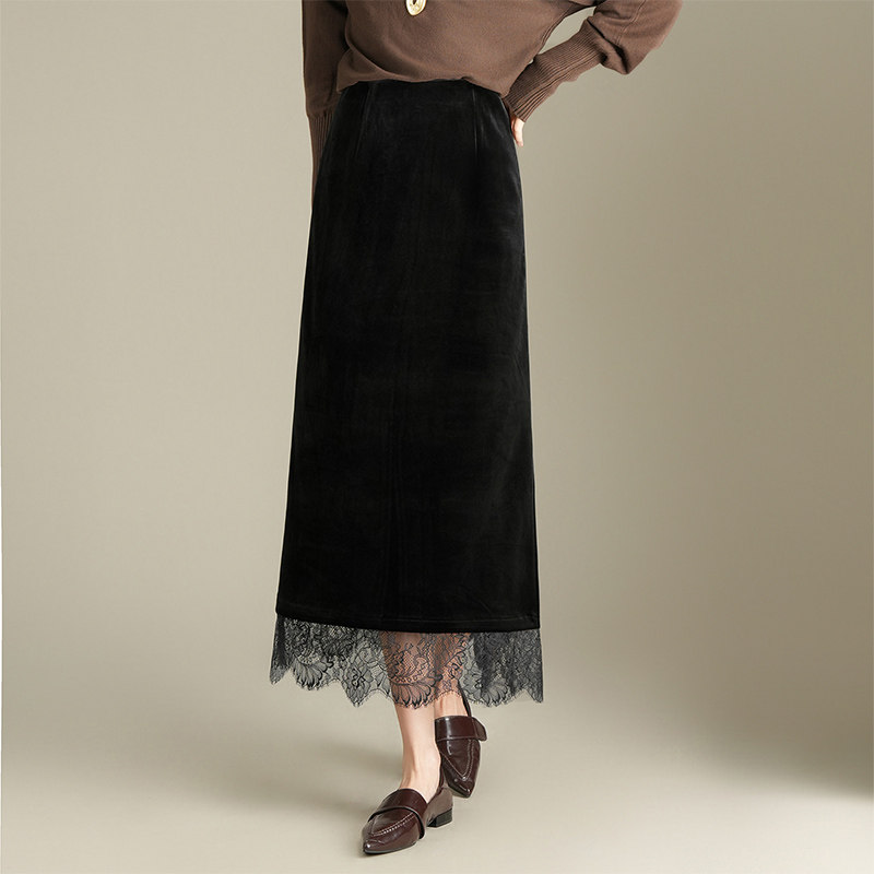 金丝绒半身裙女2025年新款蕾丝拼接长裙秋冬高级感显瘦包臀直筒裙