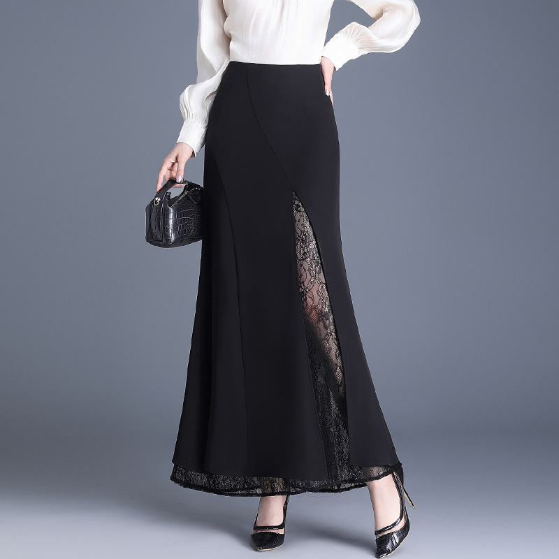 蕾丝拼接黑色冰凉丝半身裙女春季2025高腰显瘦包臀长款鱼尾长裙子