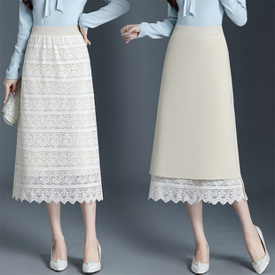 蕾丝双面裙半身裙女2025秋冬季新款高腰显瘦中长款白色针织a字裙
