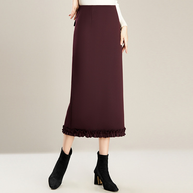2025新款加厚羊绒呢半身裙女秋冬季包臀裙长裙木耳花边直筒一步裙
