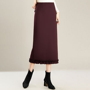 2025新款加厚羊绒呢半身裙女秋冬季包臀裙长裙木耳花边直筒一步裙