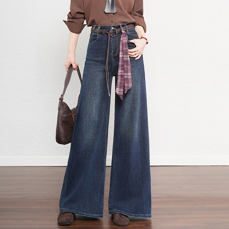 牛仔裤女宽松秋新款大直筒港风裤子加长高个子高腰显瘦垂感阔腿裤