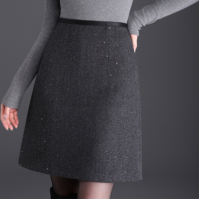 显瘦半身短裙a字裙女秋冬2024年加厚星空亮片毛呢短款裙子一步裙