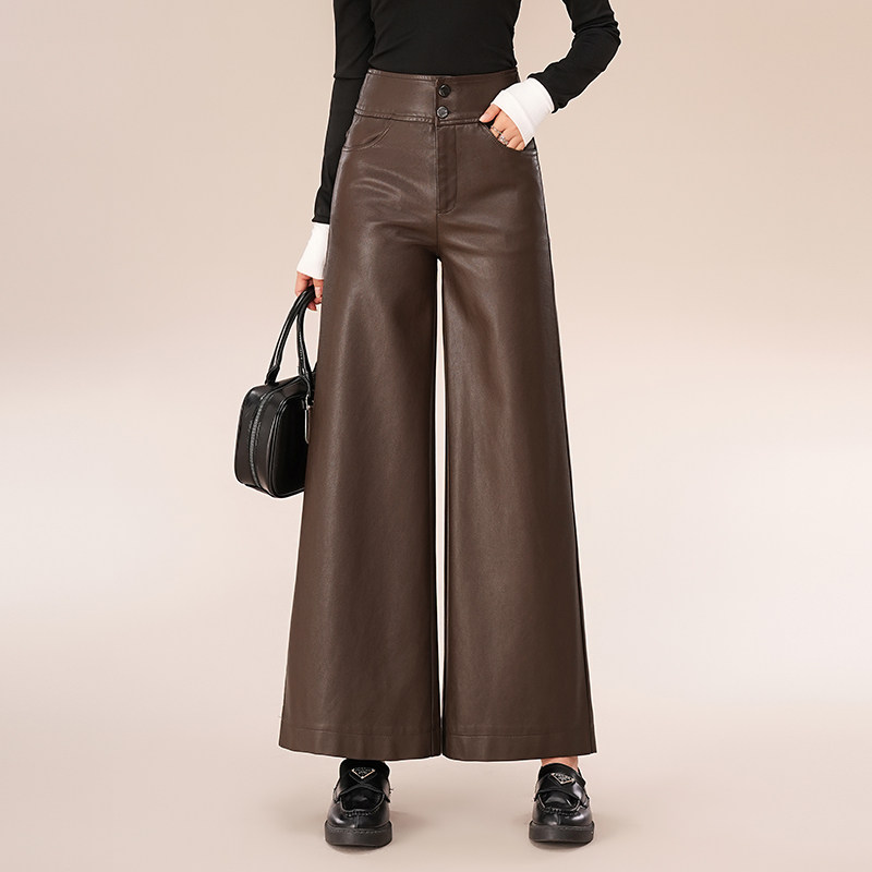 秋冬新款pu皮裤女高腰直筒宽松九分大脚时尚垂感阔腿裤小个子长裤