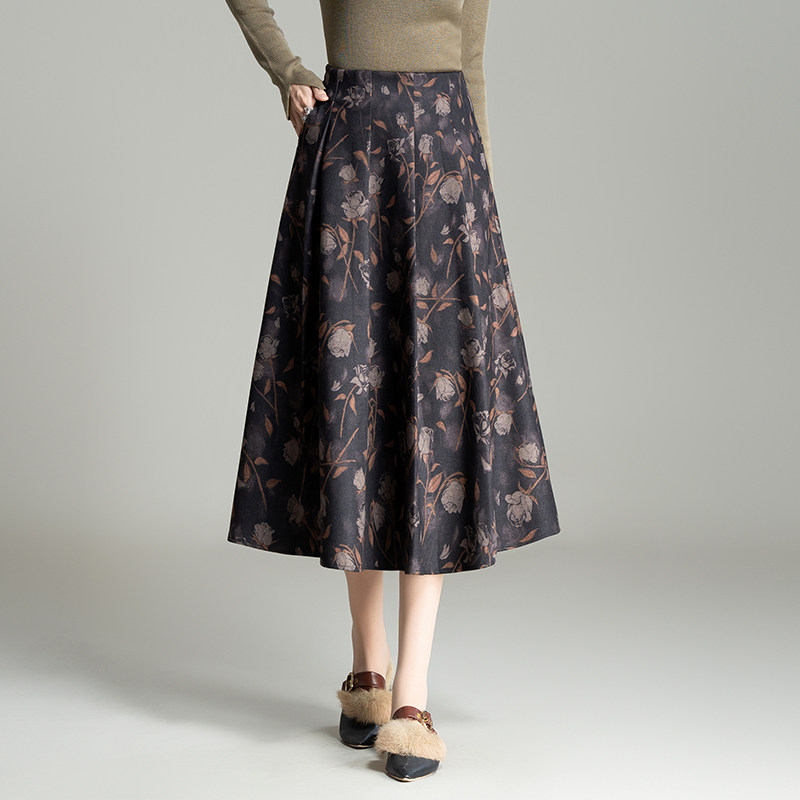 秋冬厚款印花大摆半身裙女时尚高腰显瘦遮胯遮肚子中长款a字女裙
