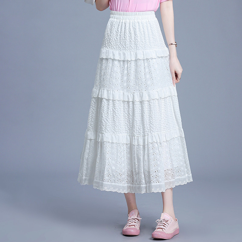 白色半身裙蛋糕裙女2025年春夏季百搭蕾丝花边小白裙长裙子A字裙