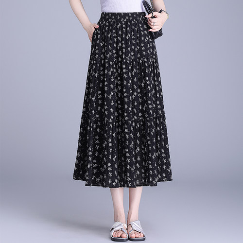 黑色碎花半身裙女夏2026新款高腰显瘦中长款a字裙百褶半裙大摆裙