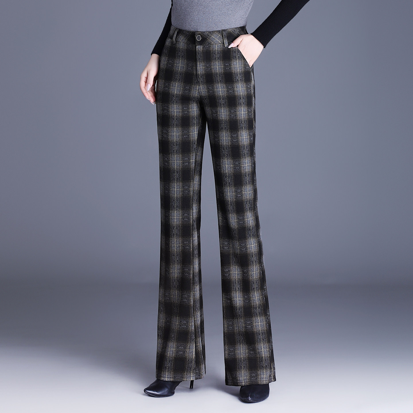 加厚直筒毛呢格子微喇裤女2025秋冬季新款高腰显瘦大码女裤休闲裤