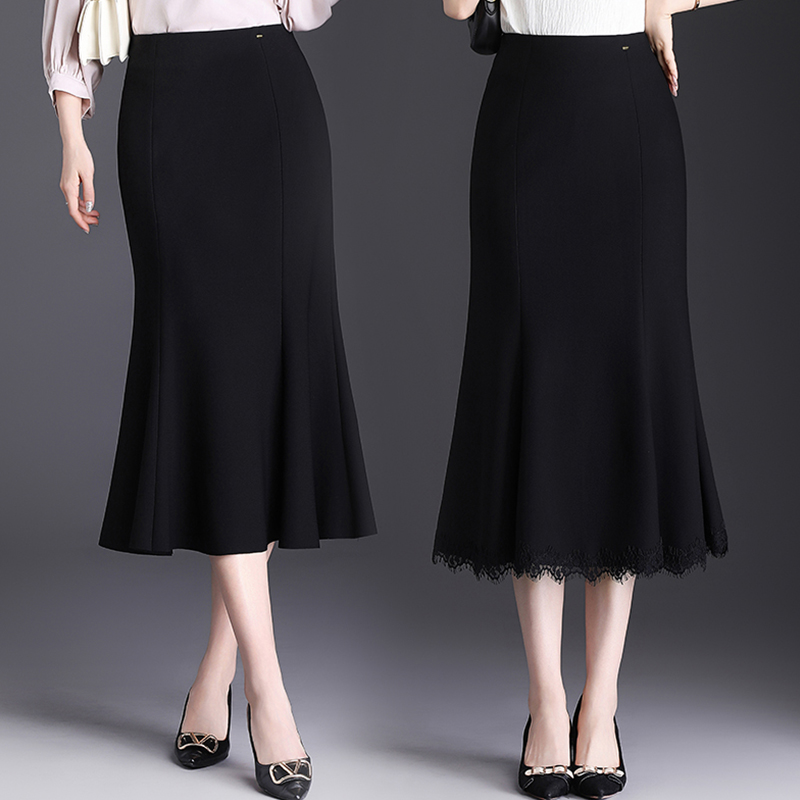 蕾丝拼接黑色包臀中长款半身裙子鱼尾裙女春季2025新款裙子一步裙