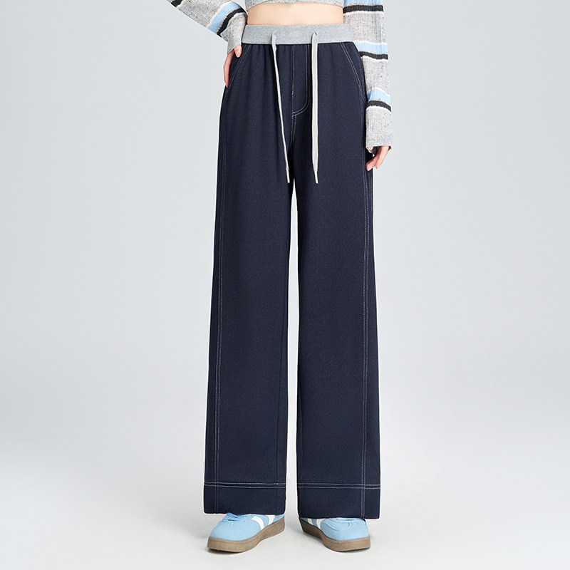 抽绳高腰休闲牛仔裤女加厚秋冬季新款垂感窄版直筒裤松紧腰阔腿裤