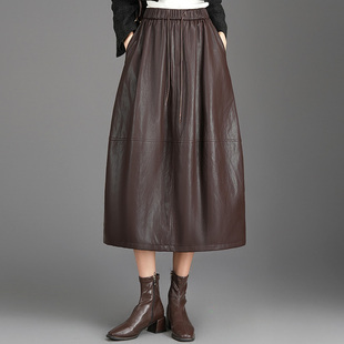 PU皮中长款花苞裙半身裙2025秋冬季新款高级感遮胯休闲a字灯笼裙