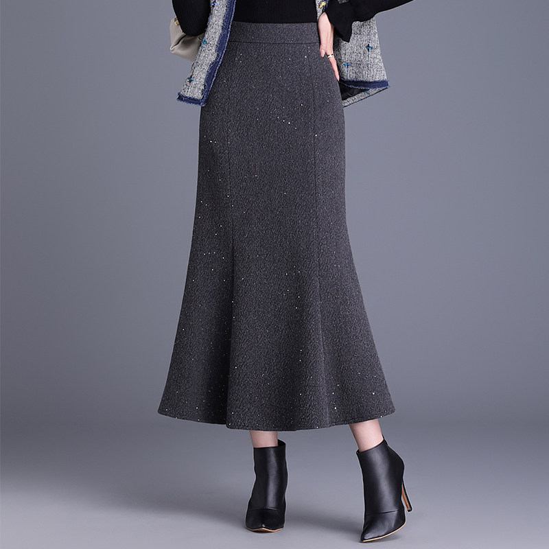 毛呢高腰鱼尾半身长裙包臀裙秋冬季加厚显瘦高级感灰色半裙亮片裙