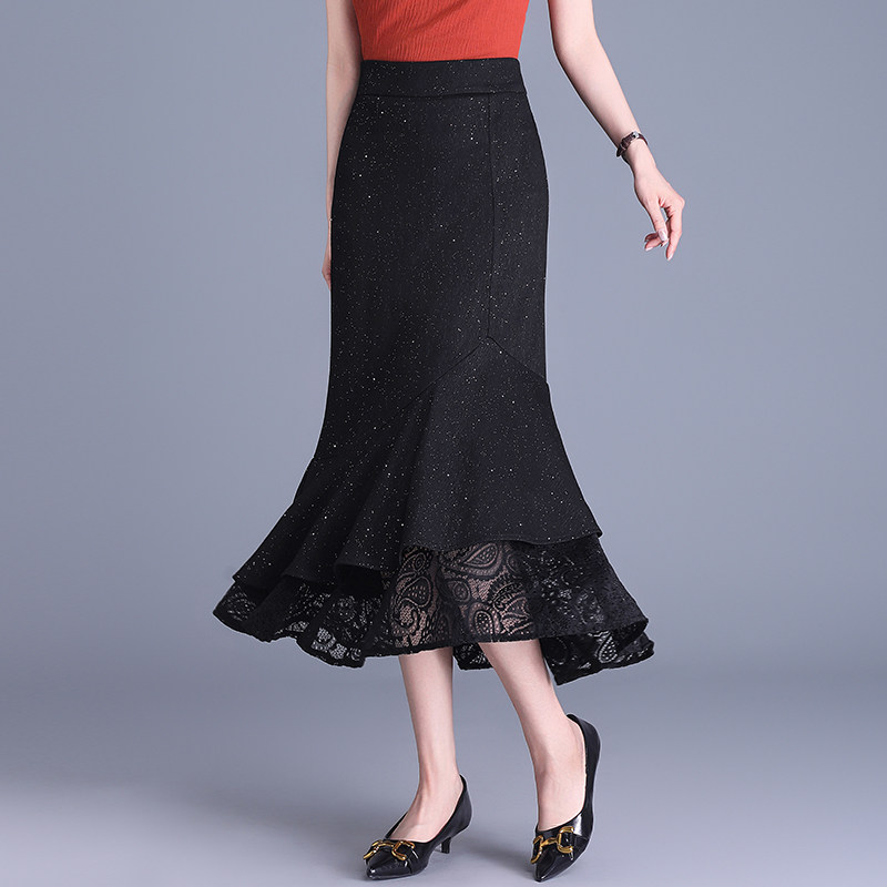 黑色半身裙女时尚2025春夏季新款蕾丝拼接闪耀亮片鱼尾包臀裙长裙