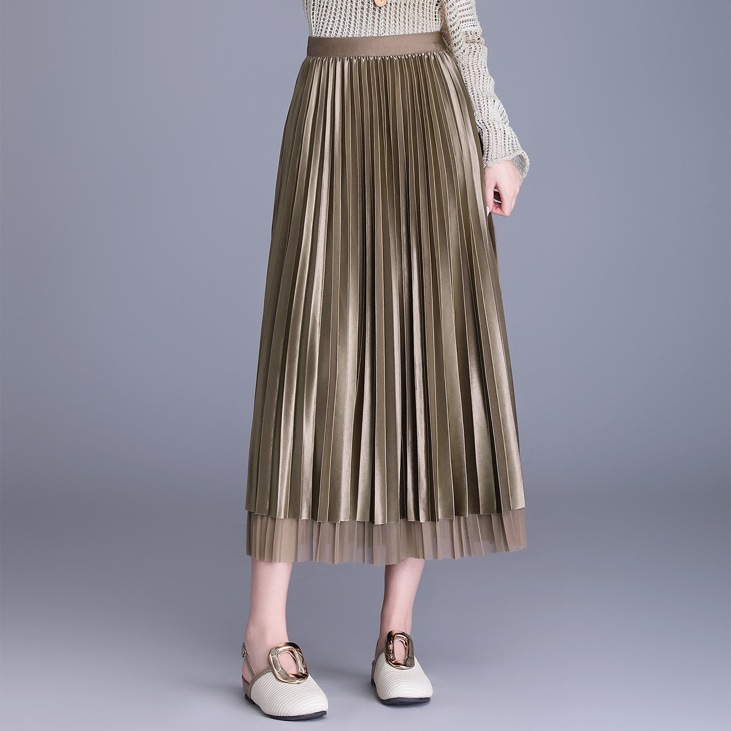 两面穿网纱半身裙女秋冬百褶裙2026春季高腰显瘦中长款纱裙a字裙