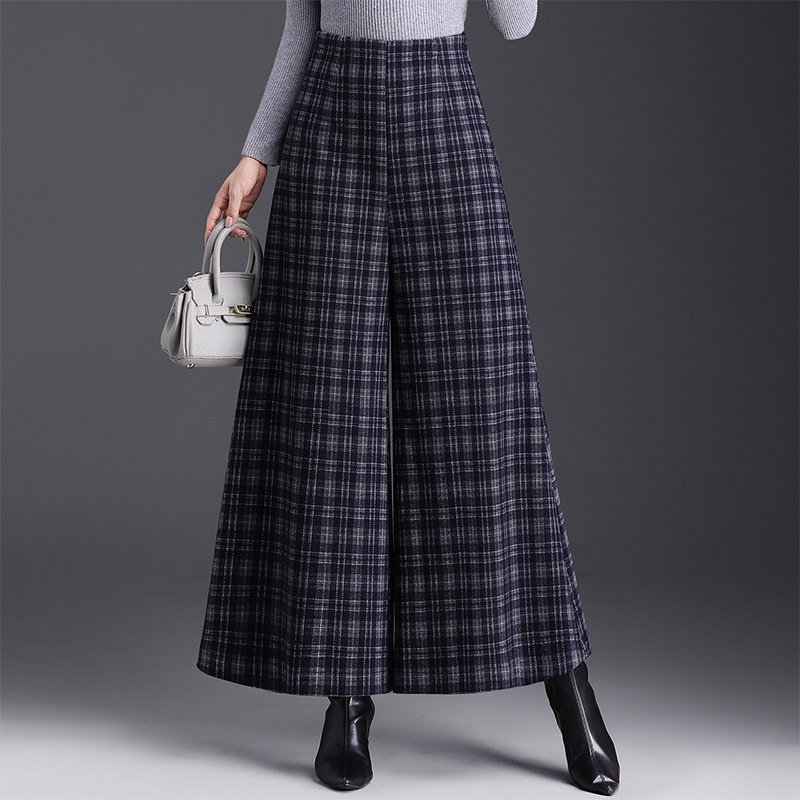 毛呢格子高腰裙裤显瘦阔腿裤女2025秋冬新款加厚小个子休闲九分裤