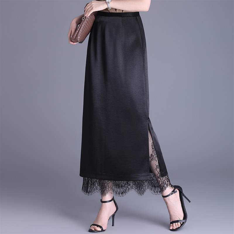 开叉高级感蕾丝拼接黑色醋酸半身裙女夏季高腰显瘦长款缎面直筒裙