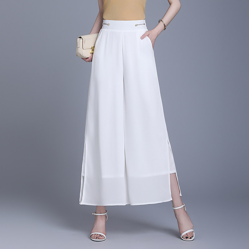 雪纺冰丝阔腿裤女夏时尚气质显瘦垂感开叉高腰休闲九分薄款凉凉裤