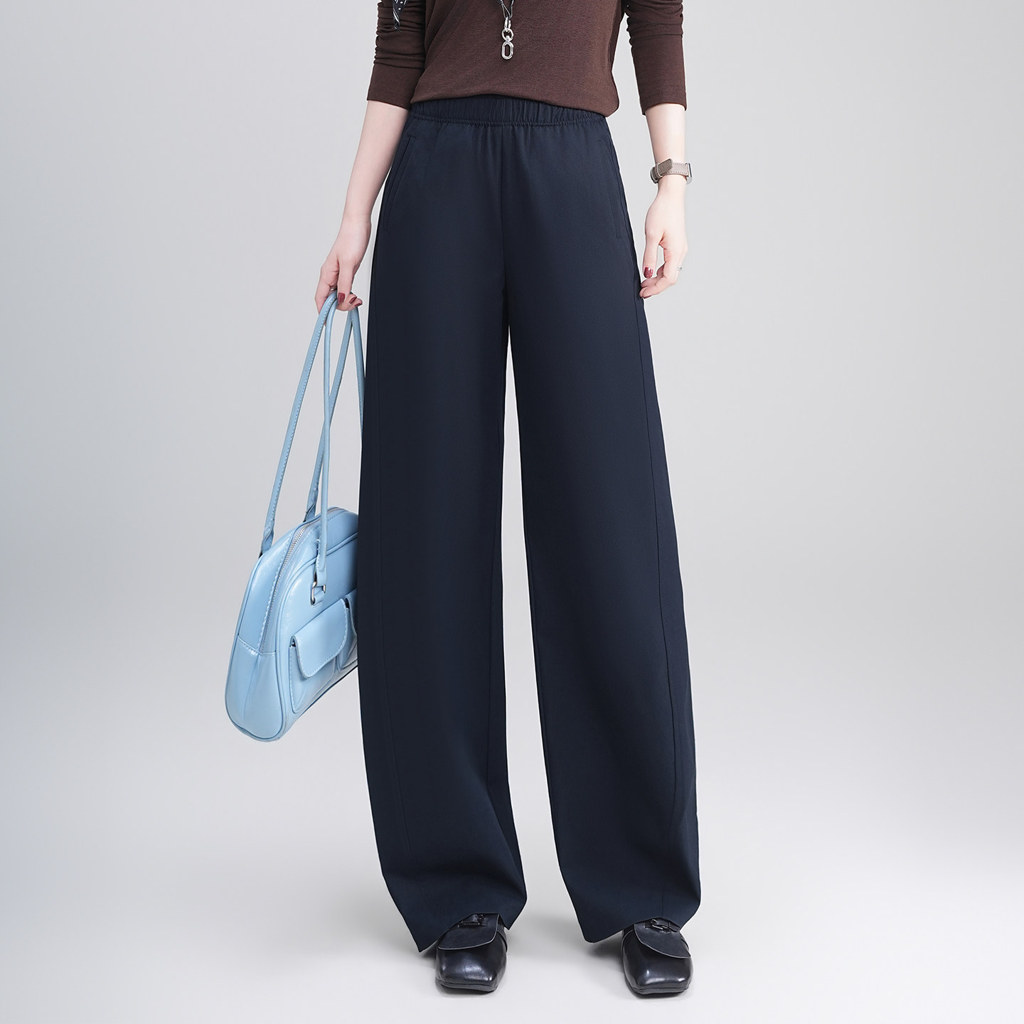 藏青色长裤加长直筒香蕉裤女2026春季新款弯刀裤白色休闲裤阔腿裤