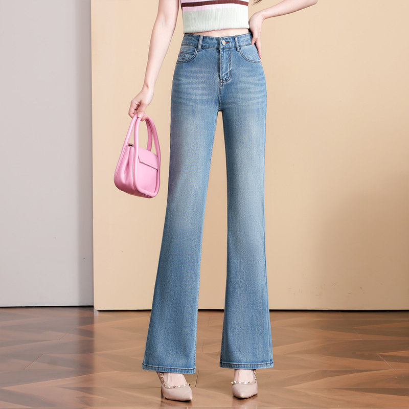 浅蓝色微喇牛仔裤直筒裤女2026春季新款欧若风弹力修身高腰喇叭裤