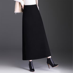 黑色羊毛呢a字长裙半身裙2025秋冬季新款加厚冬裙高腰显瘦羊绒裙