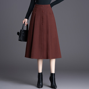 a字半身裙女秋冬季中长款百搭高腰显瘦毛呢冬裙百褶裙遮胯休闲裙