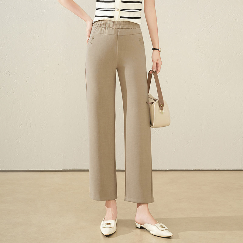高档冰丝直筒裤女春夏薄款宽松高腰垂感休闲大码中老年九分阔腿裤
