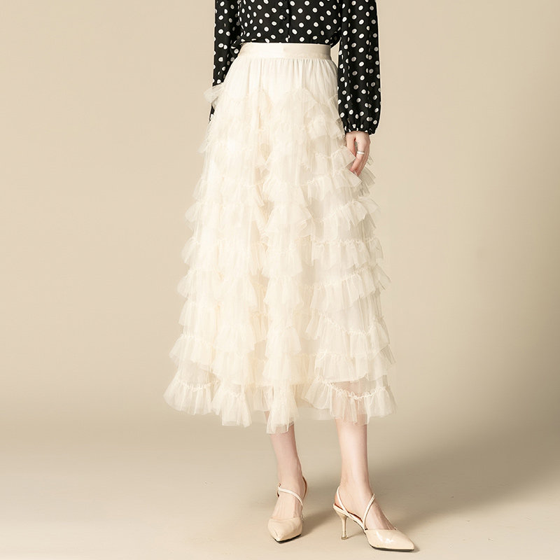 白色网纱半身裙蛋糕裙女2026春季新款中长款高腰显瘦伞裙a字裙