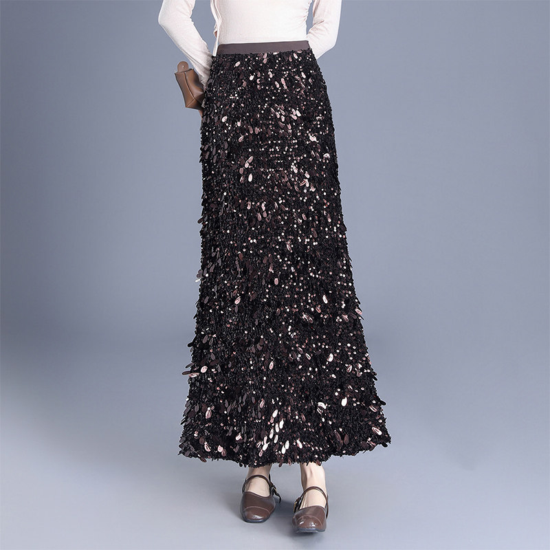 亮片丝绒半身裙女2025秋冬季新松紧腰修身高腰a字鱼尾包臀裙长裙